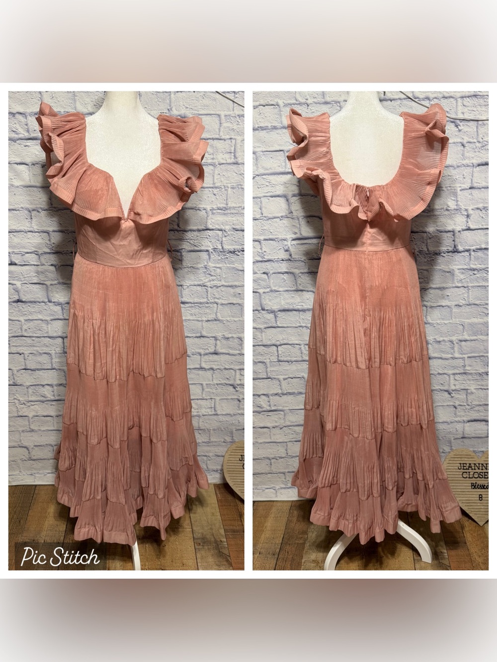 Miss Rosier Dusty Rose Metallic Tiered frill pleated Maxi Dress